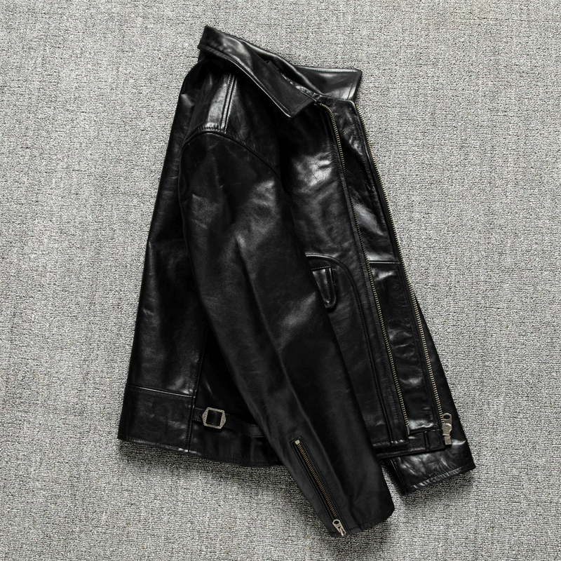 Short fitted demi-season jacket, genuine leather