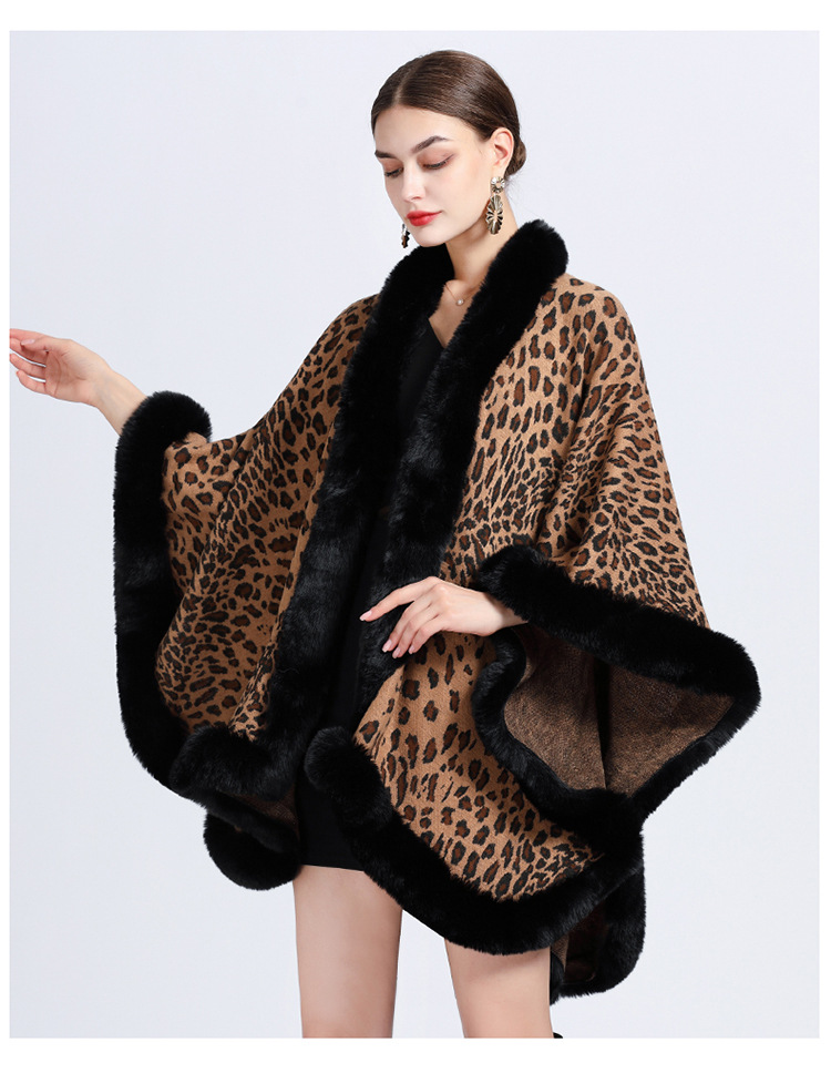 Mantella in maglia con collo in pelliccia e stampa leopardata jacquard taglia grande cappotto cardigan donna_voghion.com