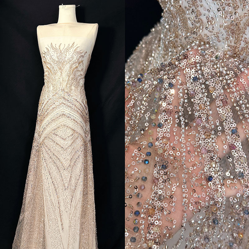 Tejido de vestido de boda de la industria pesada de Oriente Medio bordado cuentas de tela de tubo de cuentas de lenteja cuentas de encaje fábrica directa