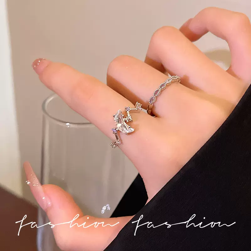 时尚月亮锆石开口戒指轻奢小众高级感百搭食指戒独特可调节指环