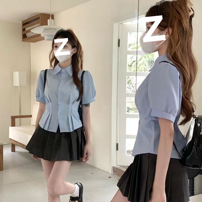 蓝色短袖衬衫女款设计感小众学院风jk小个子显瘦收腰衬衣上衣严选|undefined