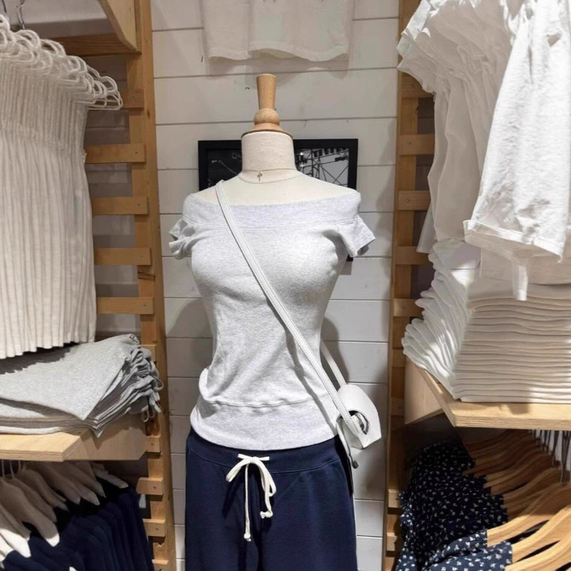 Bm Summer New Simple Gray Off-Shoulder Short-Sleeve T-Shirt for Women, Slim Fit Versatile Wide-Neck Top Trendy