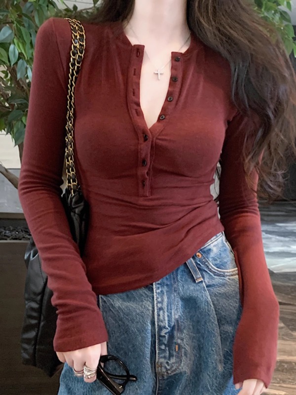 辣妹半开领纽扣设计长袖T恤女春季修身内搭上衣高级感洋气打底衫|undefined