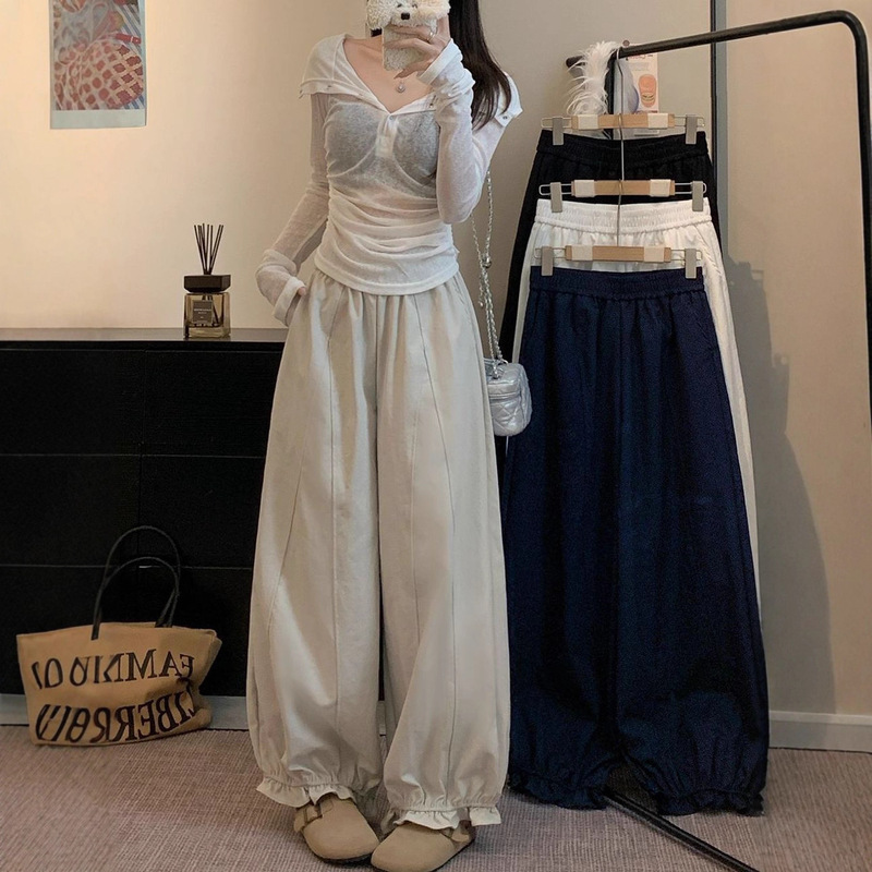 Ruffled Casual Pants Autumn New Petite Elastic Waist Loose Lantern Cropped Pants Women Chic