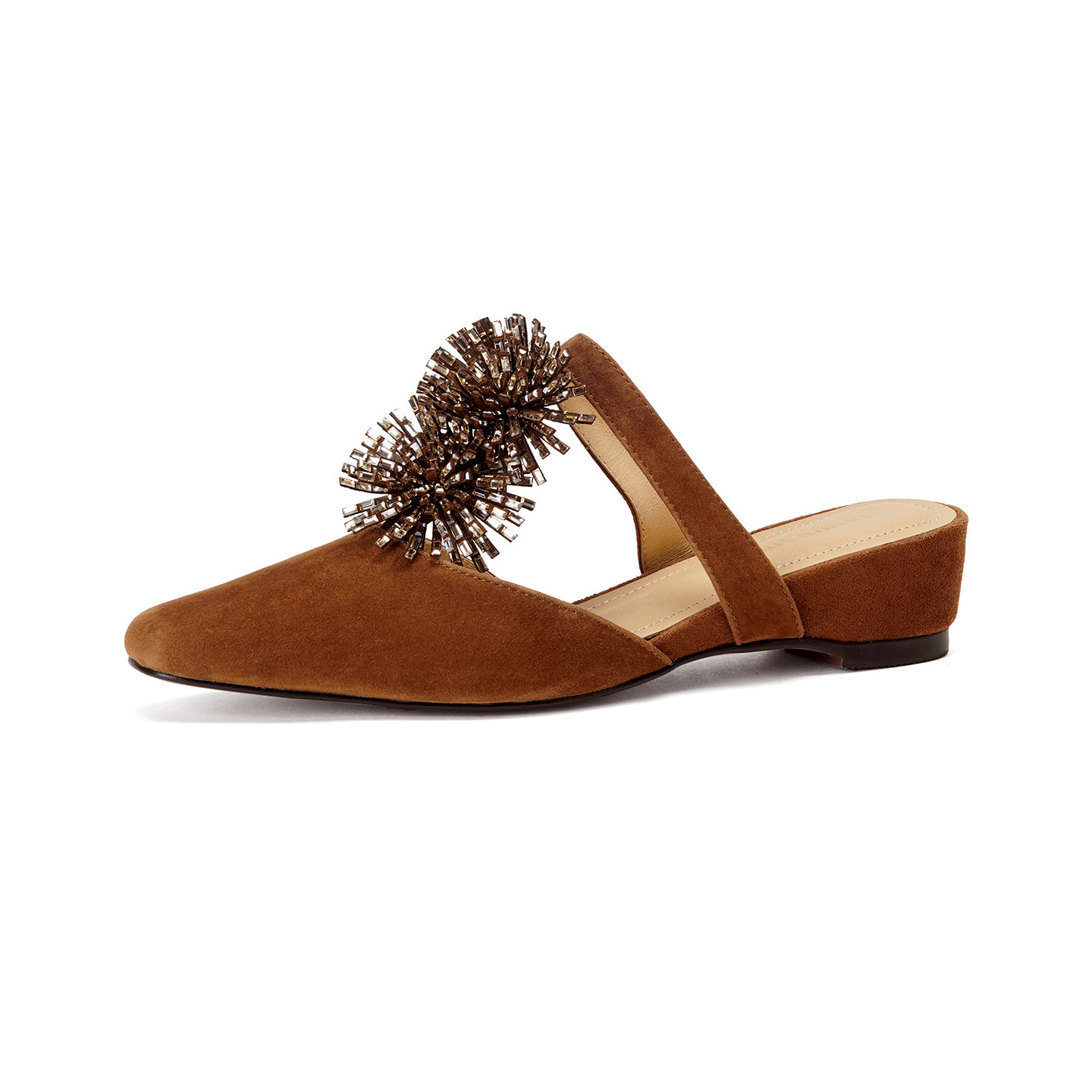 Dép sandal nữ xỏ ngón đế bệt mũi nhọn đính đá pháo hoa họa tiết hoa — Màu caramel cừu lật chi tiết 21