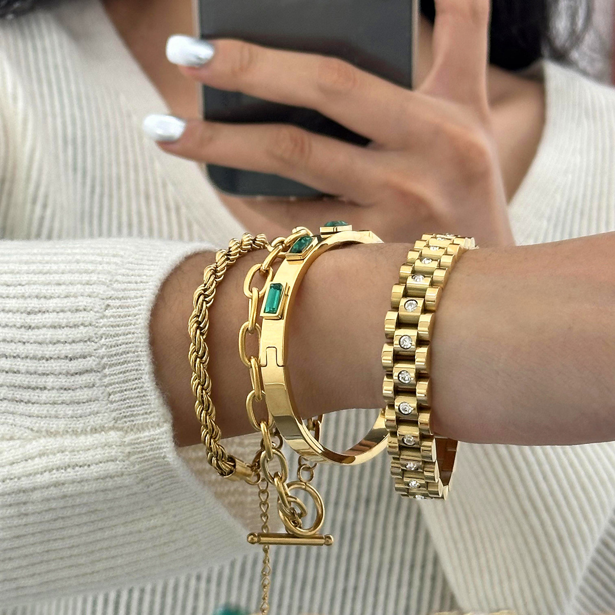 JEDING Europa y América pulsera de zircon de acero inoxidable pulsera de nicho de alto nivel 18k oro titanio anillo de acero joyas de mano transfronterizas