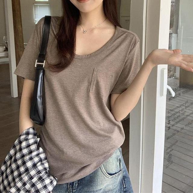 Simple oval collar shoulder short-sleeved T-shirt for women 2024 Summer new style pocket design casual mid-length top Simple oval collar shoulder short-sleeved T-shirt for women 2024 Summer new style pocket design casual mid-length top
