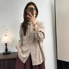 亚麻衬衫女 秋款 文艺复古翻领宽松显瘦百搭简约休闲气质开衫上衣