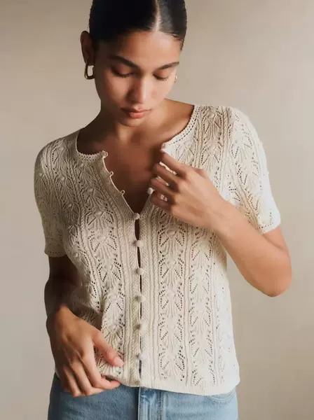 French Se Pure Cotton Handmade Crochet and Hand-Sewn Lace Cotton Spring/Summer Short-Sleeve Knit Top for Women
