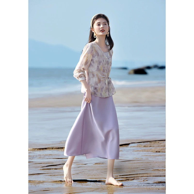 Летний костюм из ацетата с цветочным принтом, юбка-миди и топ, высокая талия, 2025