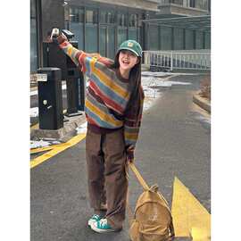 慵懒复古彩条纹毛衣女圆领秋冬长袖百搭盐系针织套头软糯加厚上衣