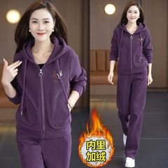 加绒加厚新款冬季休闲洋气宽松连帽卫衣运动服套装妈妈两件套冬天