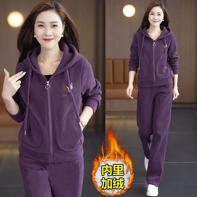 加绒加厚新款冬季休闲洋气宽松连帽卫衣运动服套装妈妈两件套冬天|undefined