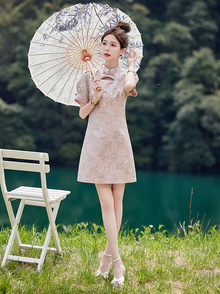 Váy maxi nữ phong cách Trung Quốc mới, cổ đứng cúc bọc, dáng dài vừa phải, thanh lịch thời trang — Màu xanh lam, Màu hồng