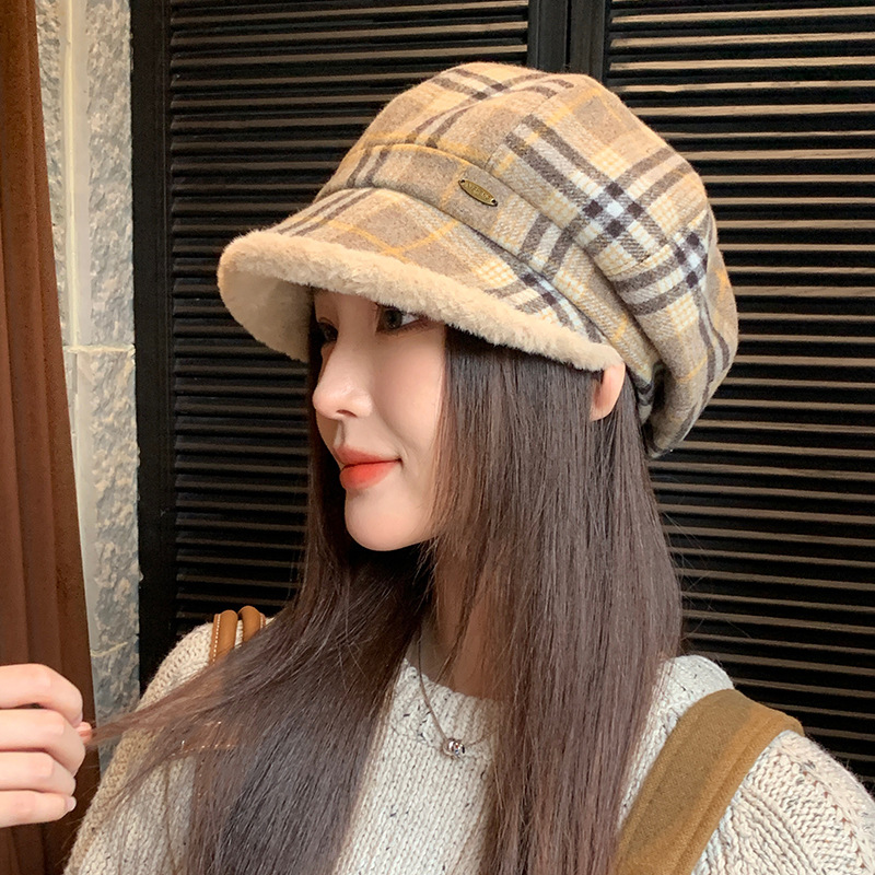 英伦风复古格子八角帽秋冬季帽子女款加绒保暖贝雷帽高级感画家帽|undefined