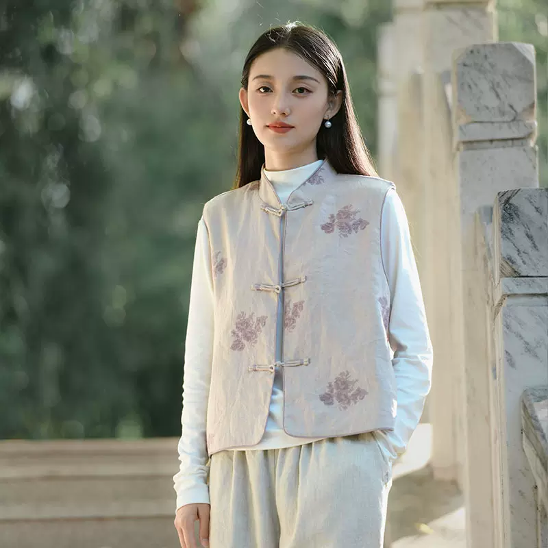 新中式女装2025秋季新款印花亚麻马甲女外穿中国风复古背心批发