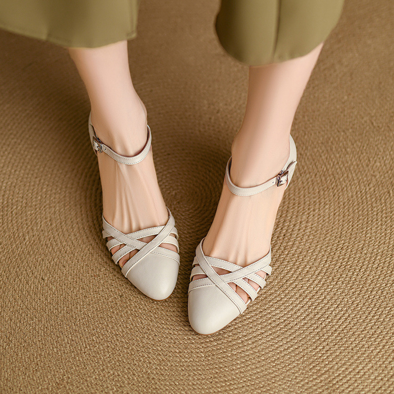 Sandal nữ quai hậu mũi nhọn retro da bò gót 5 cm kiểu La Mã — Màu trắng nhạt chi tiết 22