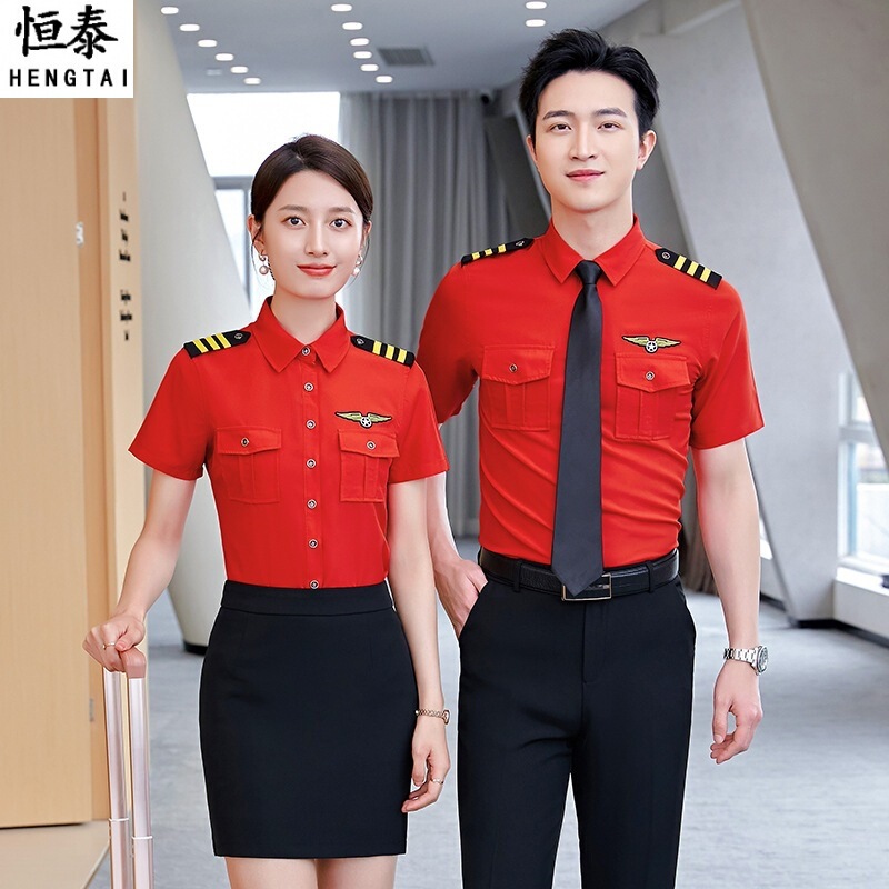 Aviation Pilot Business Dress Shirt Unisex Stewardess Uniform Airplane Long-Air Band Short-sleeved Navy Shirt