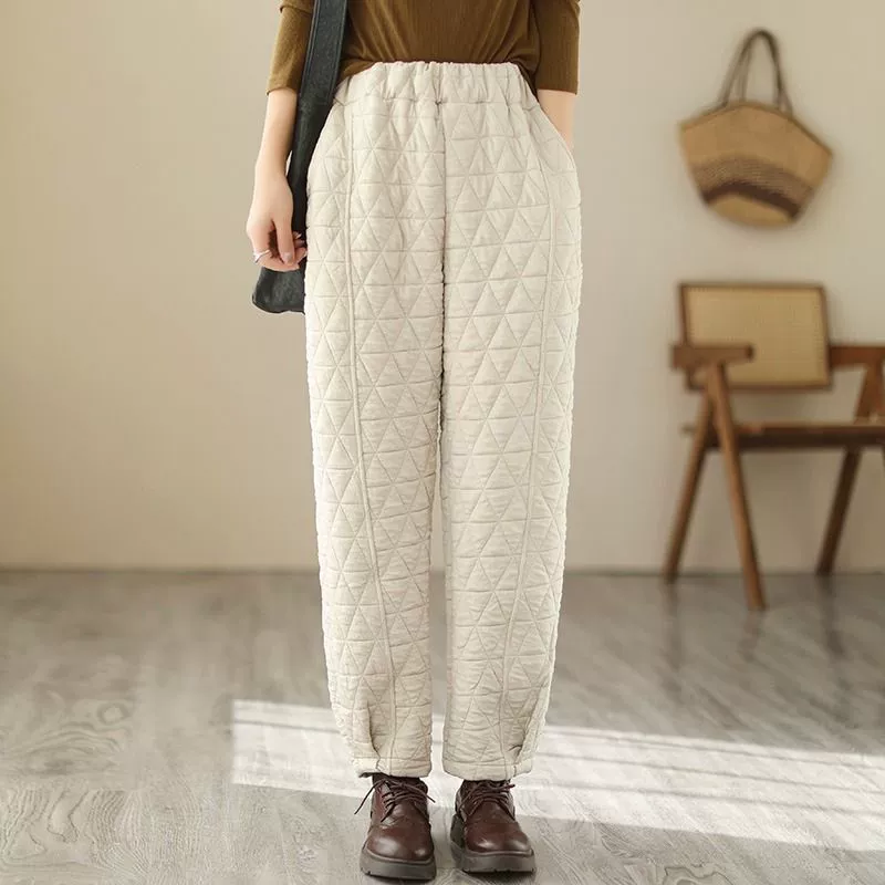 Japanese retro quilted warm trousers with diamond pattern, oversize