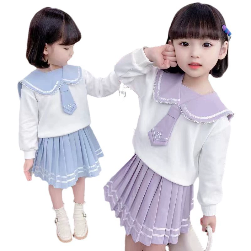 Autumn fashionable set, navy bow tie, pleated skirt, children's clothing, western style
