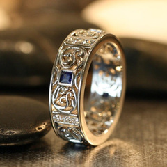 Cao Shi Cross-Border New Men's Ring Retro Openwork Pattern Blue Zirconia Ring Elegant Copper Band