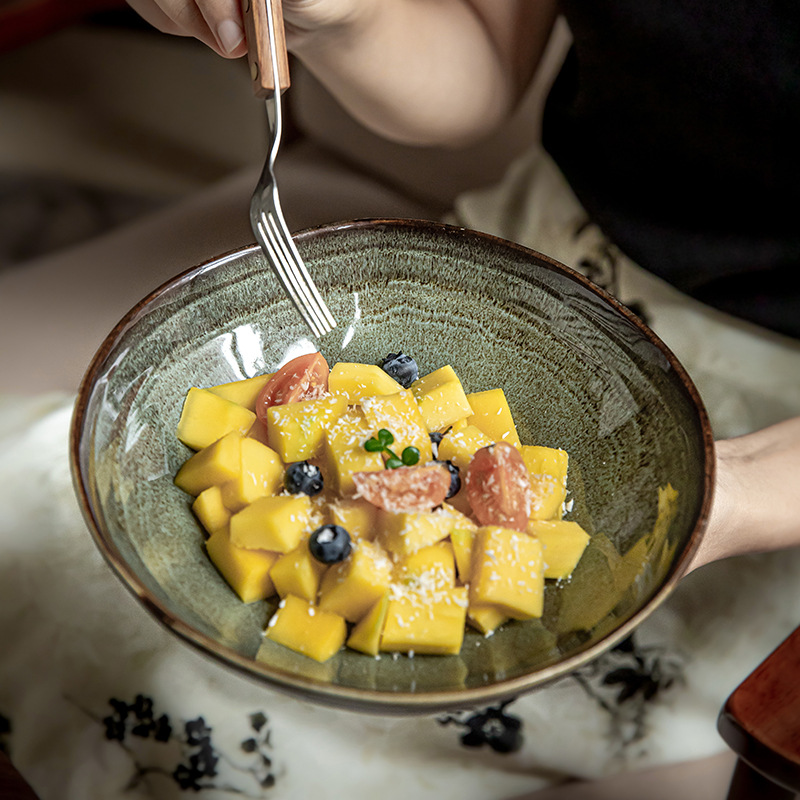 Poppy Green Personalidad de la serie de platos de cerámica irregulares características de platos de platos retro Hotpot tienda de cubiertos exportación transfronteriza