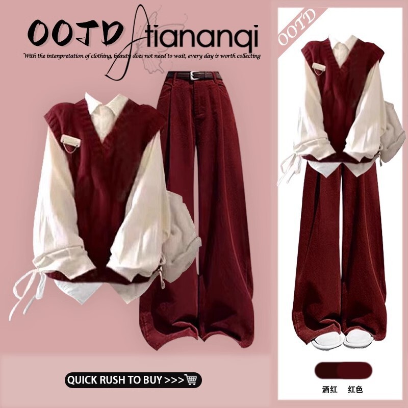 New Year's War Gown Red Korean Knitted Sweater Vest Shirt with Retro High Waist Casual Wide-Leg Pants suit
