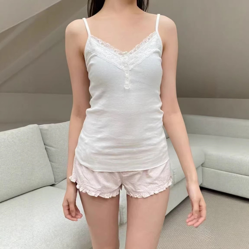 Bm New Style Spicy Girl Pure Desire White Lace Trim V-Neck Camisole Women's Inner Layering Slim-Fit Base Top