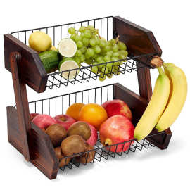 木制厨房水果篮铁艺厨房柜台土豆洋葱收纳架带香蕉挂钩多层水果架