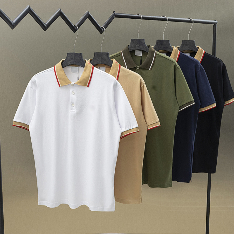2025 New Summer Men's Classy Pique Cotton Business Casual Loose Embroidered Lapel Color Matching Polo Shirt Short Sleeves