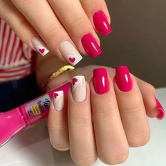 Mid-to-long-length rose-red beveled-edge French-style heart-shaped faux nails—elegant, feminine, and sweet, perfect for an Instagram-worthy European/American aesthetic.