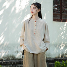 新款中式文艺风禅意茶服女装衬衫 国风立领套头宽松大码复古上衣