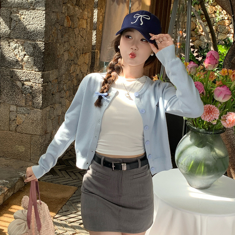 紫色毛针织开衫外套女2025新款外搭刺绣蝴蝶结独特针织毛衣上衣女|undefined