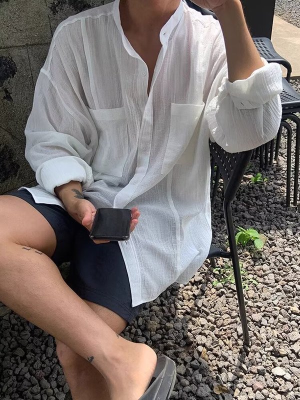 立领棉麻衬衫男慵懒松弛感宽松长袖防晒开衫亚麻肌理感工装衬衣潮|undefined