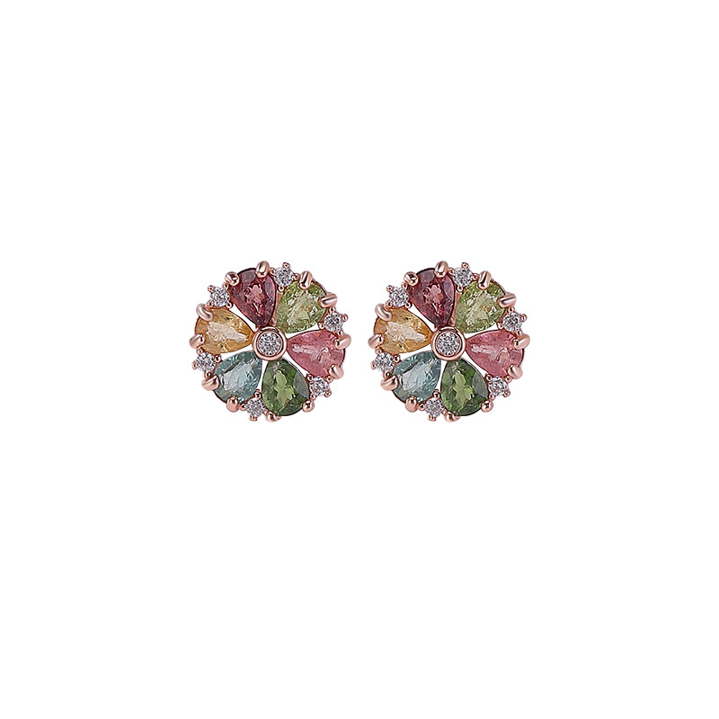 Bông tai bạc S925 mạ vàng hồng đính tourmaline hình hoa cúc ánh sáng — một cặp