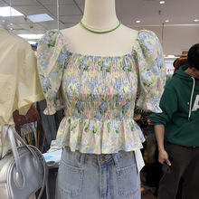 2024夏季新款女装韩版收腰显瘦小清新碎花泡泡袖衬衫气质方领上衣