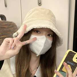 渔夫帽冬女双面羊羔毛秋冬百搭毛绒水桶大头围帽子显脸小可爱保暖