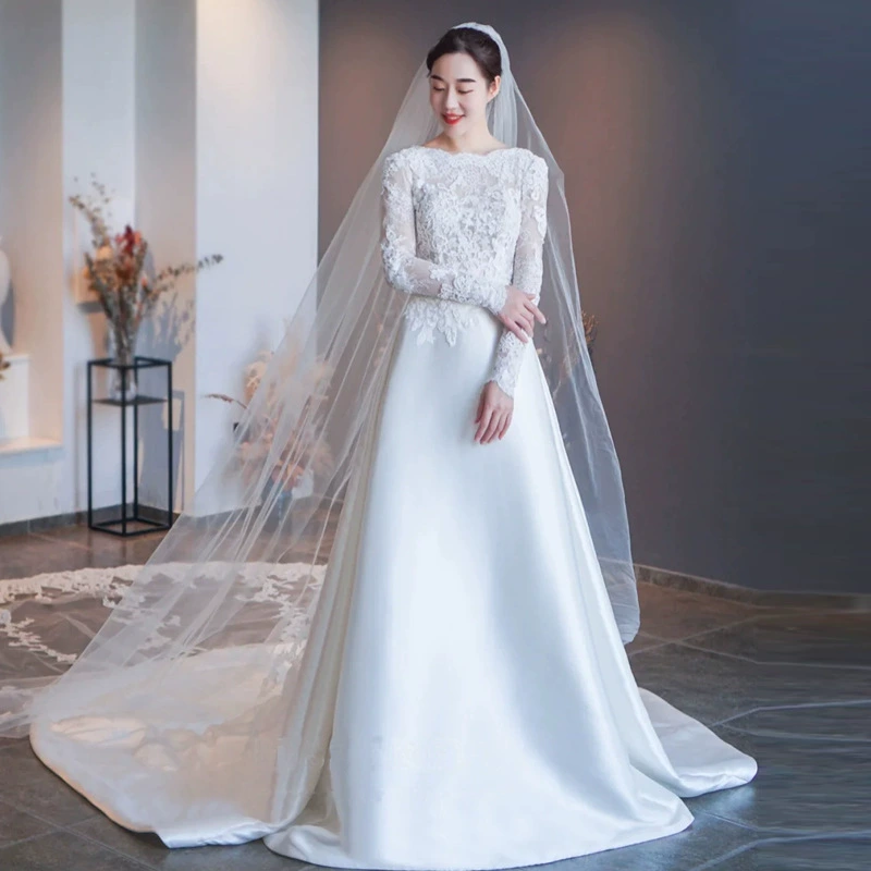 Французское атласное основное свадебное платье 2025 года, новое свадебное тонкое платье на одно плечо с длинными рукавами, простое белое длинное платье для женщин