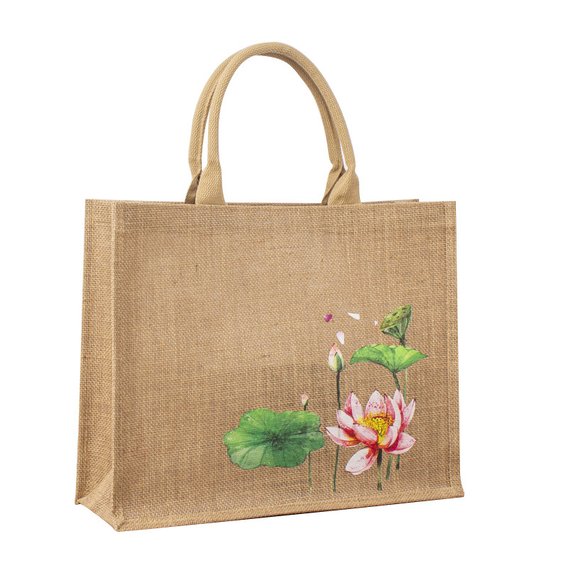 Bolsa de lino portátil en stock de yute cubierto de película de transporte de gran capacidad bolsa de lino personalizada bolsa de regalo de vacaciones