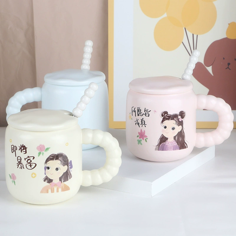 Cute girl Creative High -value Ceramic Cup Bringing a spoon of Mark Cup Office Coffee Cup Couple Cup Cup Cup wholesale