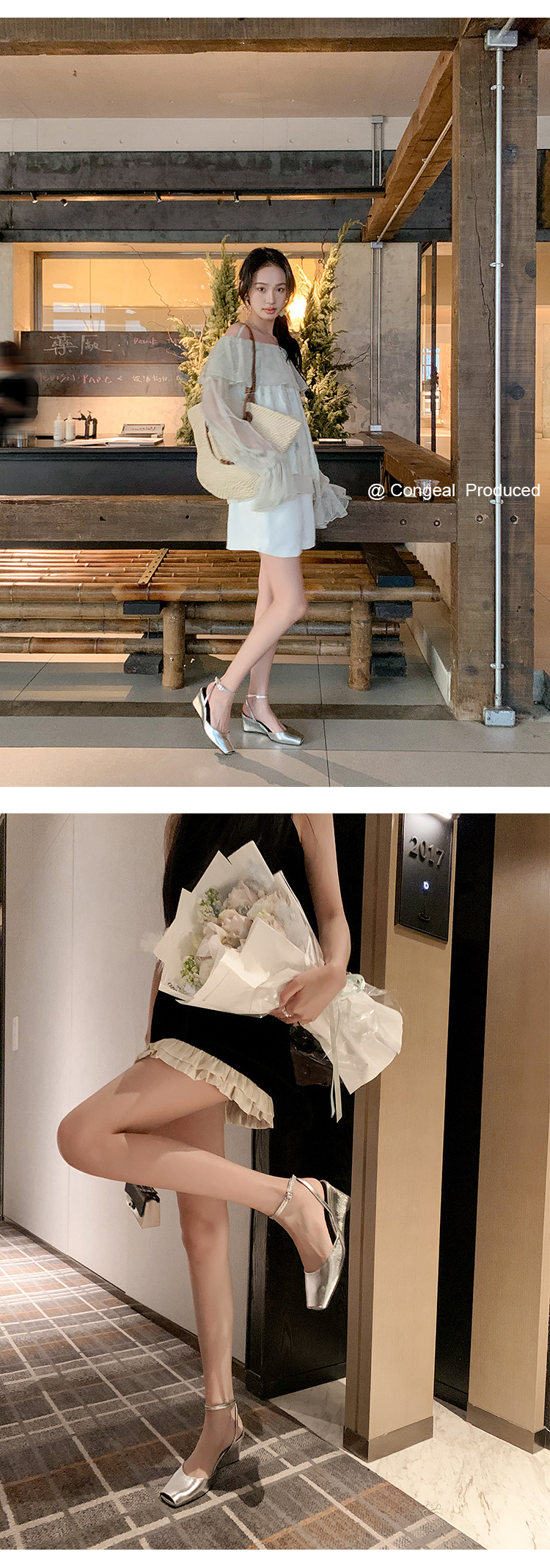Sandal cao gót nữ mũi vuông quai mắt cá chân, gót xuồng 9 cm — đen, Màu trắng nhạt, bạc chi tiết 23