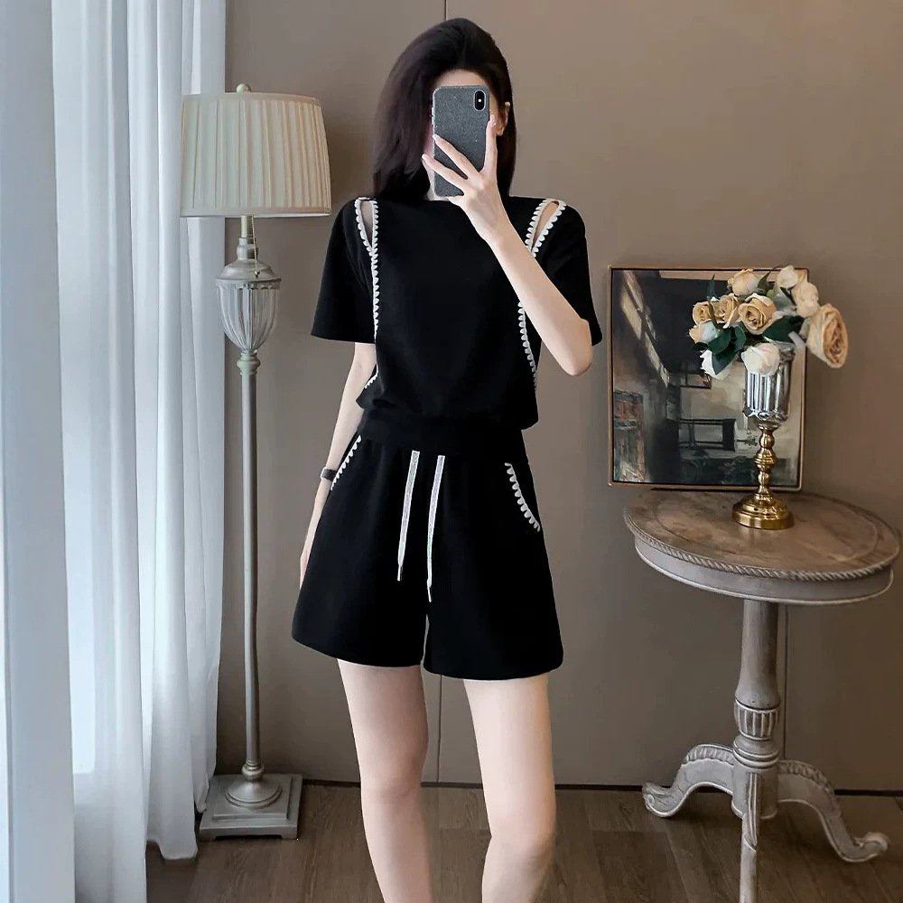 Warm Maple Black Sports Casual Suit Women, Summer 2026 New Style, Youthful Stylish, Petite And Plus Size Shorts For_ecoleips.com