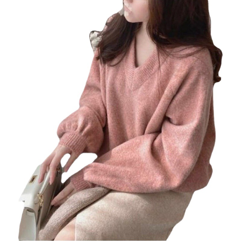 Otoño e Invierno nuevo estilo perezoso estilo dulce estilo japonés desgaste exterior V-cuello suave glutinoso suéter de las mujeres suelta linterna manga de punto superior