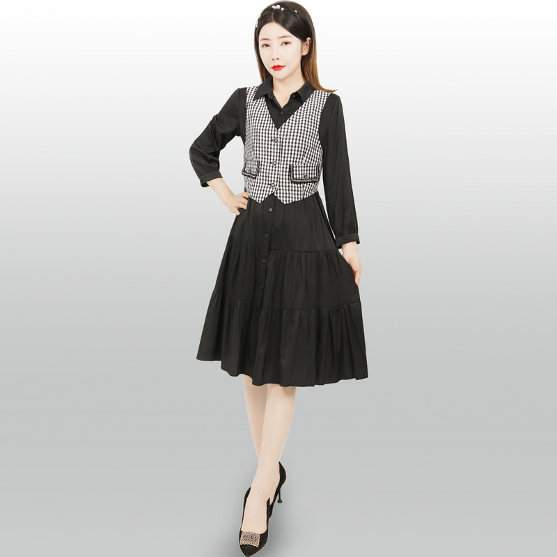 2024 Han Style Women's Spring & Fall Houndstooth Short Vest Shirt Mid-Length Dress Elegant Work Clothing Two-Piece Set