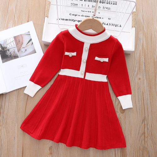 Children's Xiao Xiang Style Cardigan Dress for Little Girls, 90-130 South Korean Version Princess Dress, Children's Knit Round Neck Dress