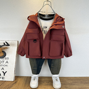 Children's 2024 New Style Rush Clothes Boys' Workwear Coat Spring and Autumn Fashionable Internet Celebrant Boy's Hooded Coat Western Style
