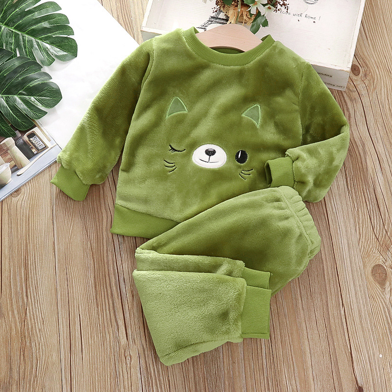 Flannel pajama set kitten green