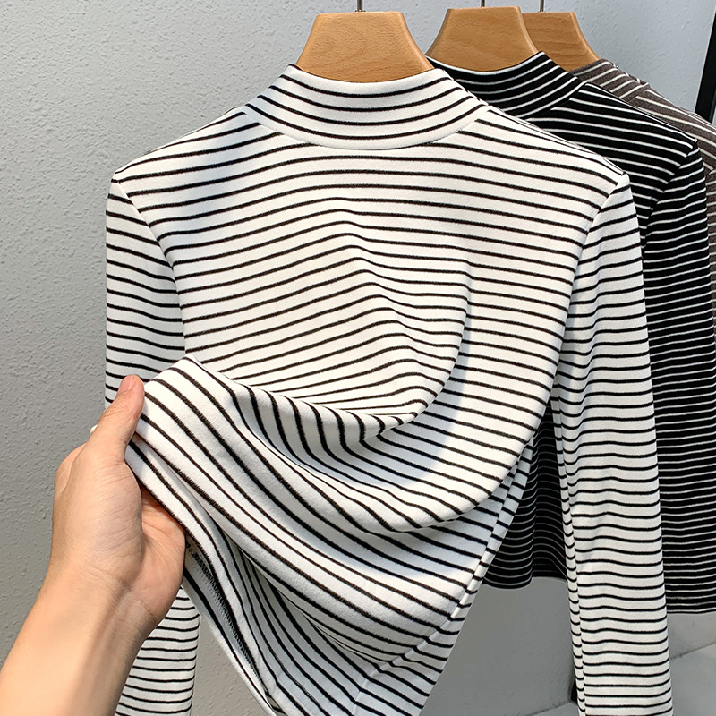 La Mitad de cuello alto de las mujeres que basa la camisa 2023 nuevo contraste de color rayas cepillado camiseta caliente Cintura interior apretado top image 8