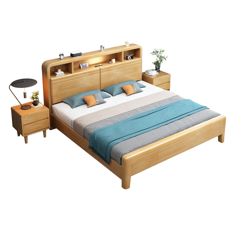 Cama de madera maciza 1,8 m cama doble con luz de noche moderna simple 1,5 m caja de almacenamiento nórdico Cama grande fábrica directa ventas