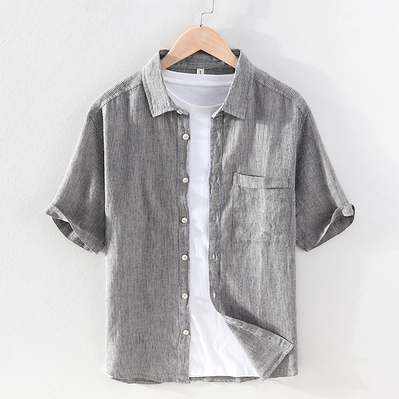 Nuova camicia da uomo a maniche corte con risvolto a righe camicia in lino di cotone da uomo camicia casual in lino a maniche medie da uomo_voghion.com
